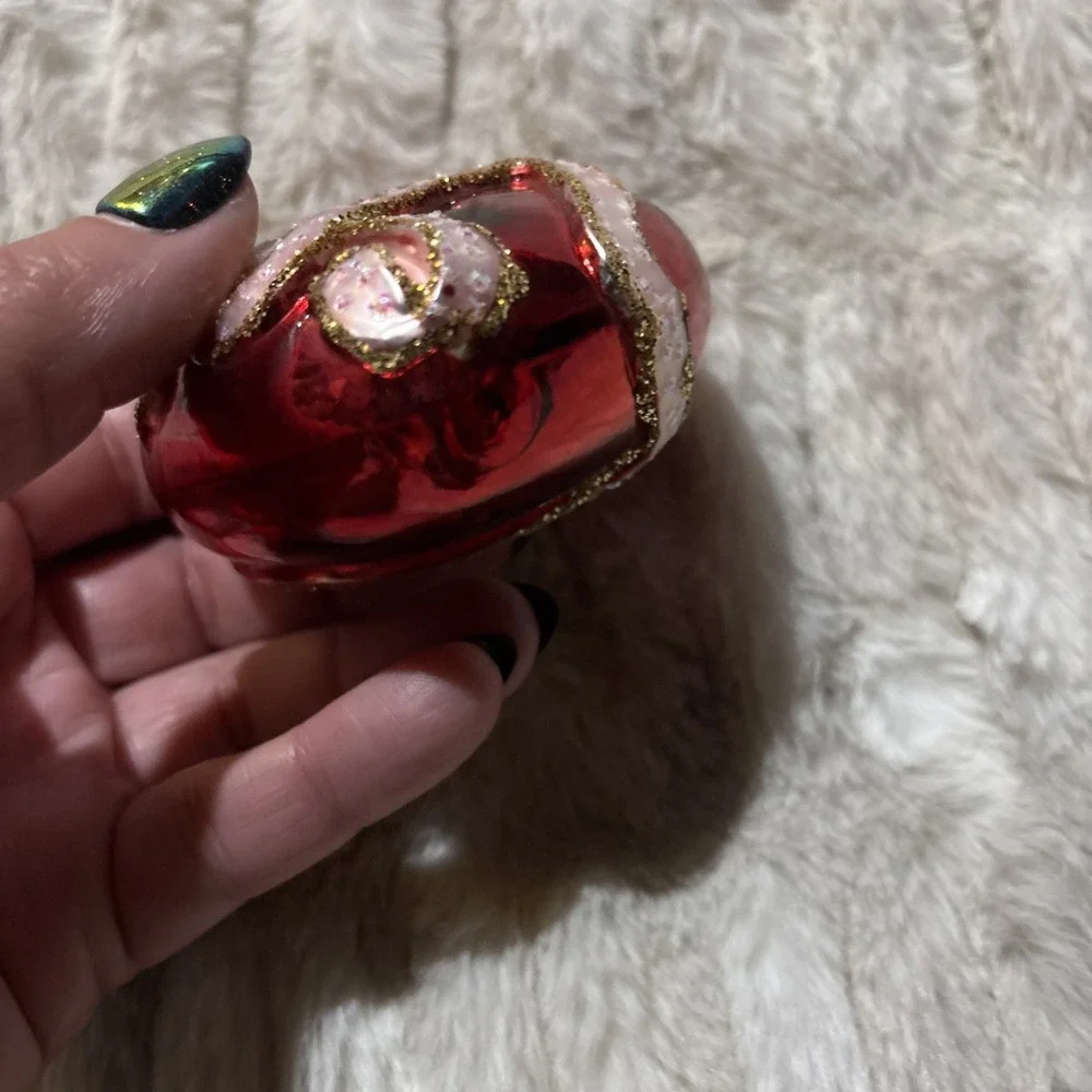 Blown Glass Red Heart Ornament Pink Ribbon Glitter